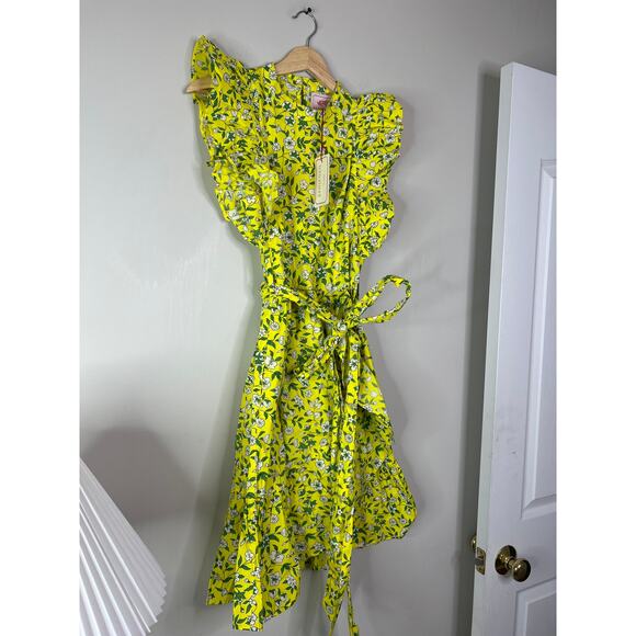 NEW vBanjanan Audrey Floral Cotton Poplin Flutter Sleeve Tie Mini Dress Yellow - Picture 3 of 7